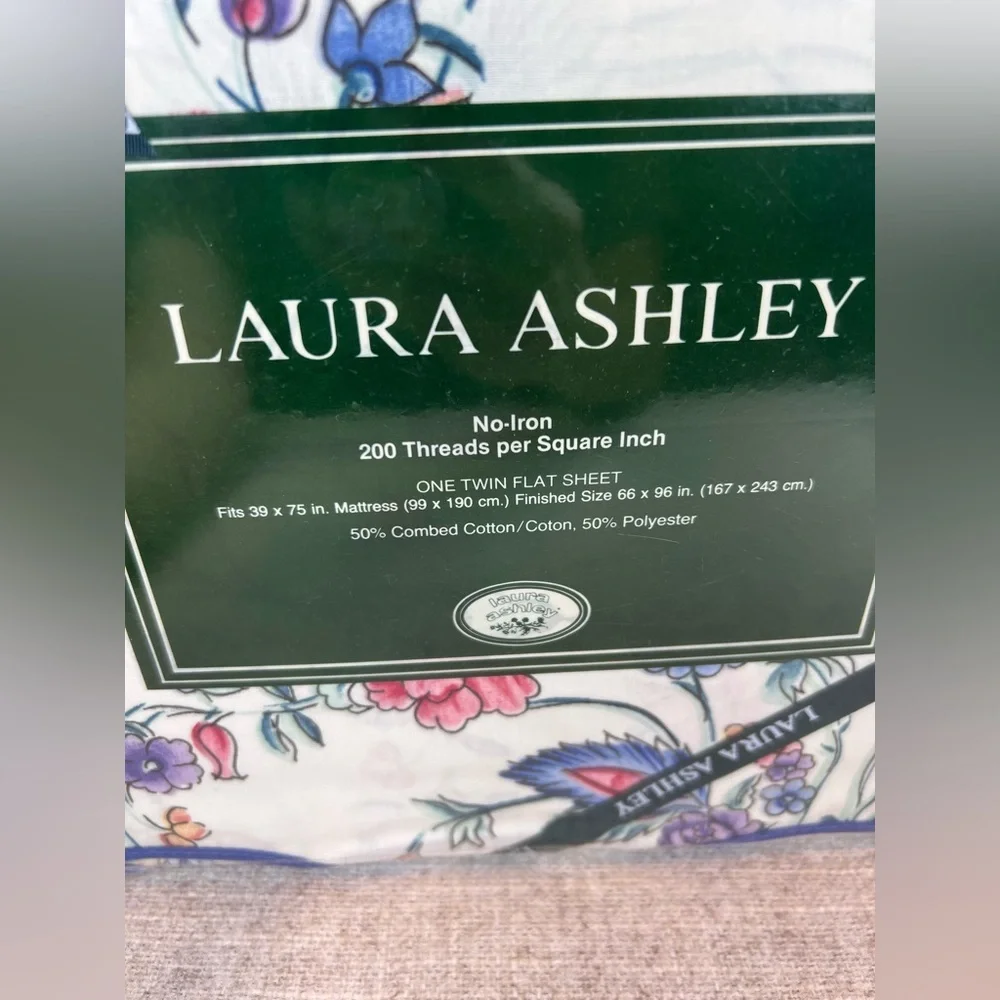 Laura Ashley Vintage Chinese Silk Floral twin size flat sheet scalloped edge NWT